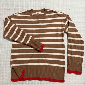 Marled Brown and White Striped Crewneck Sweater with Red Trim